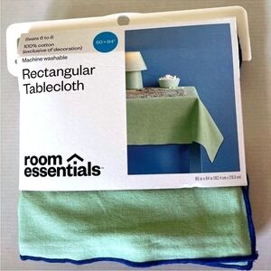 Room Essentials Rectangular Tablecloth Light Green Blue Trim Cotton 60 X 84 New